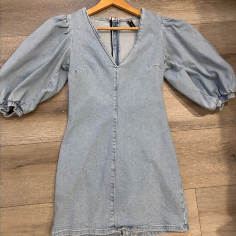 Zara Light Blue Denim Mini Dress with Puff Sleeves